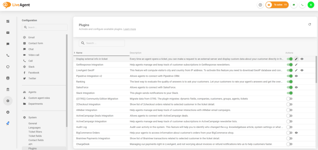 Aktivní plugin externích informací v konfiguraci LiveAgent