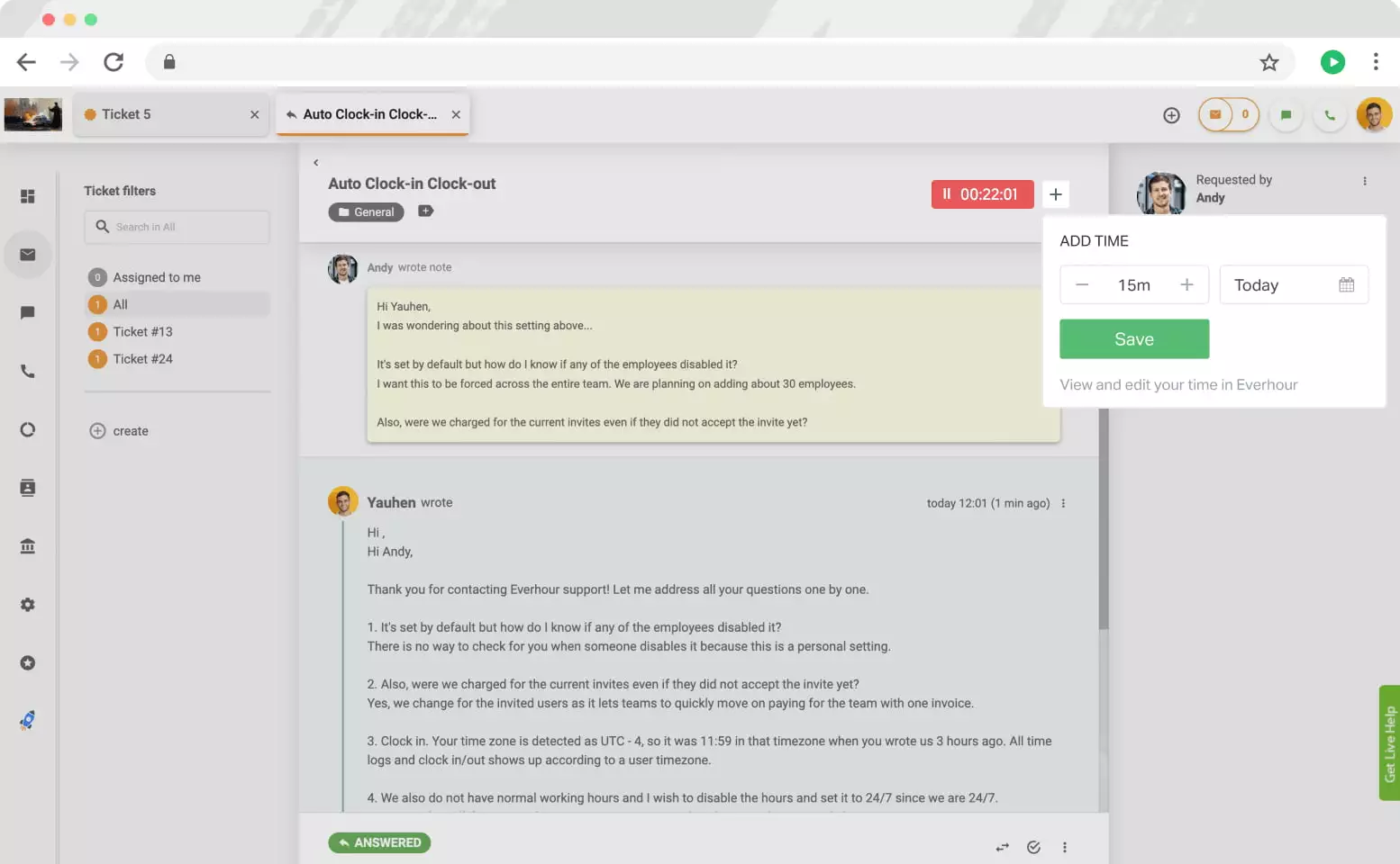 Ovládací prvky Everhour v LiveAgent
