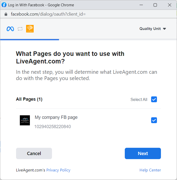 Vyskakovací okno, které vám umožňuje vybrat, které stránky na Facebooku chcete integrovat s LiveAgent