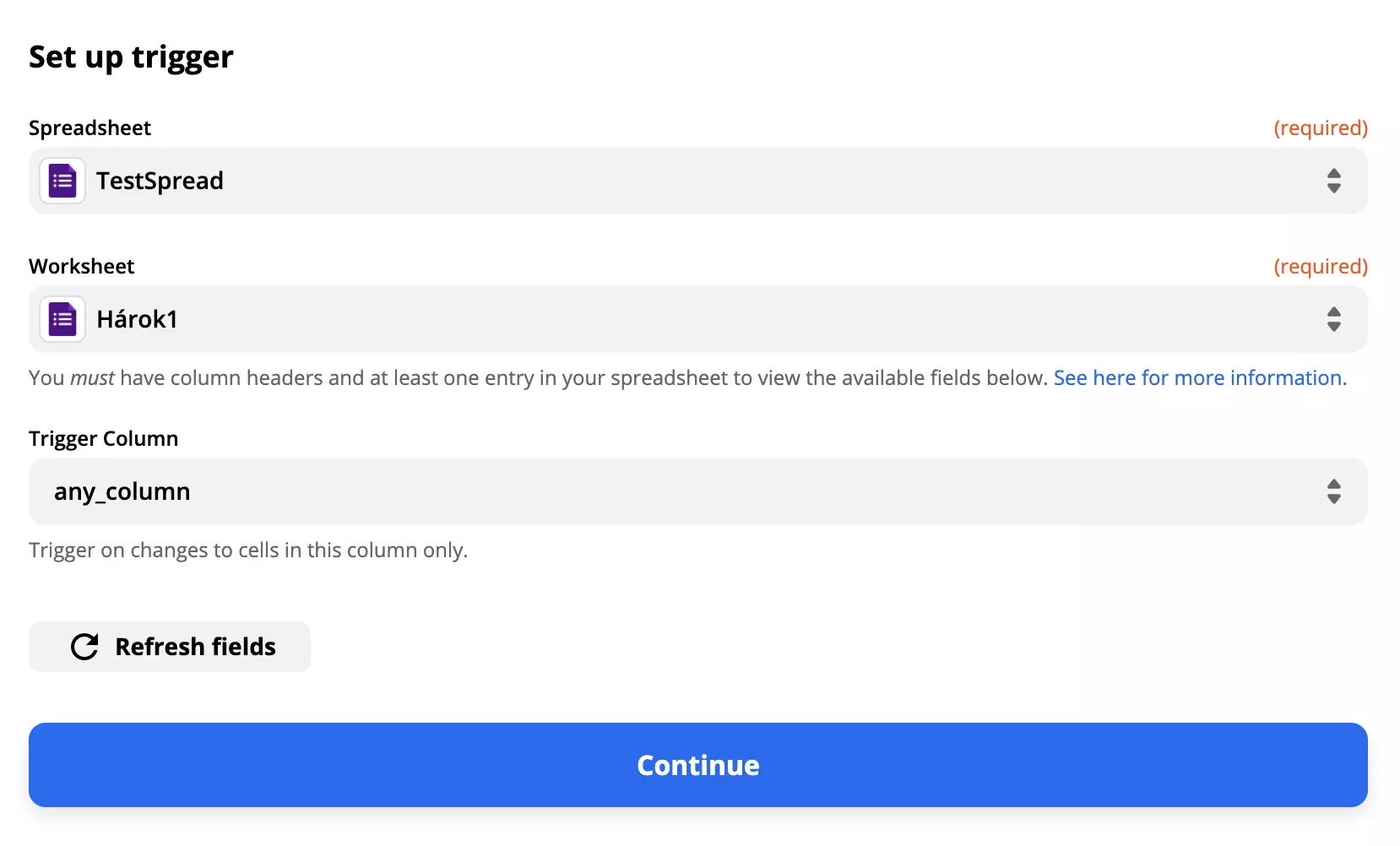 Příklad nastavení triggeru pro Google Forms s vyplněnými poli