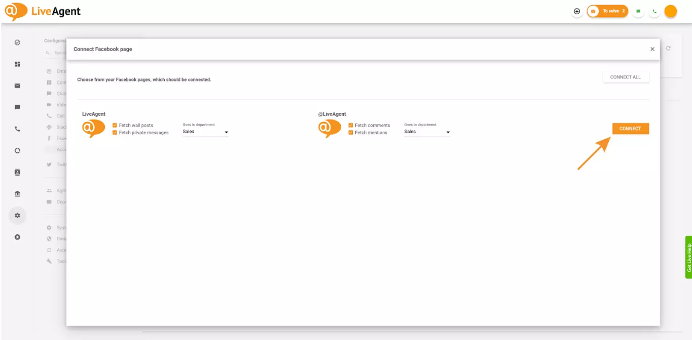 Zaškrtnutí políček v nastavení, která umožňují LiveAgent načítat komentáře a zmínky