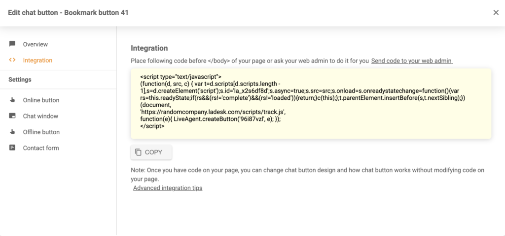 Vygenerovaný kód integrace tlačítka chatu v LiveAgent