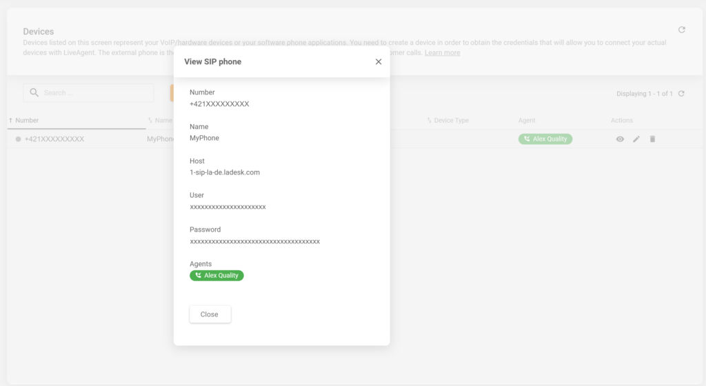 Podrobnosti nově vytvořeného SIP telefonu v konfiguraci LiveAgent