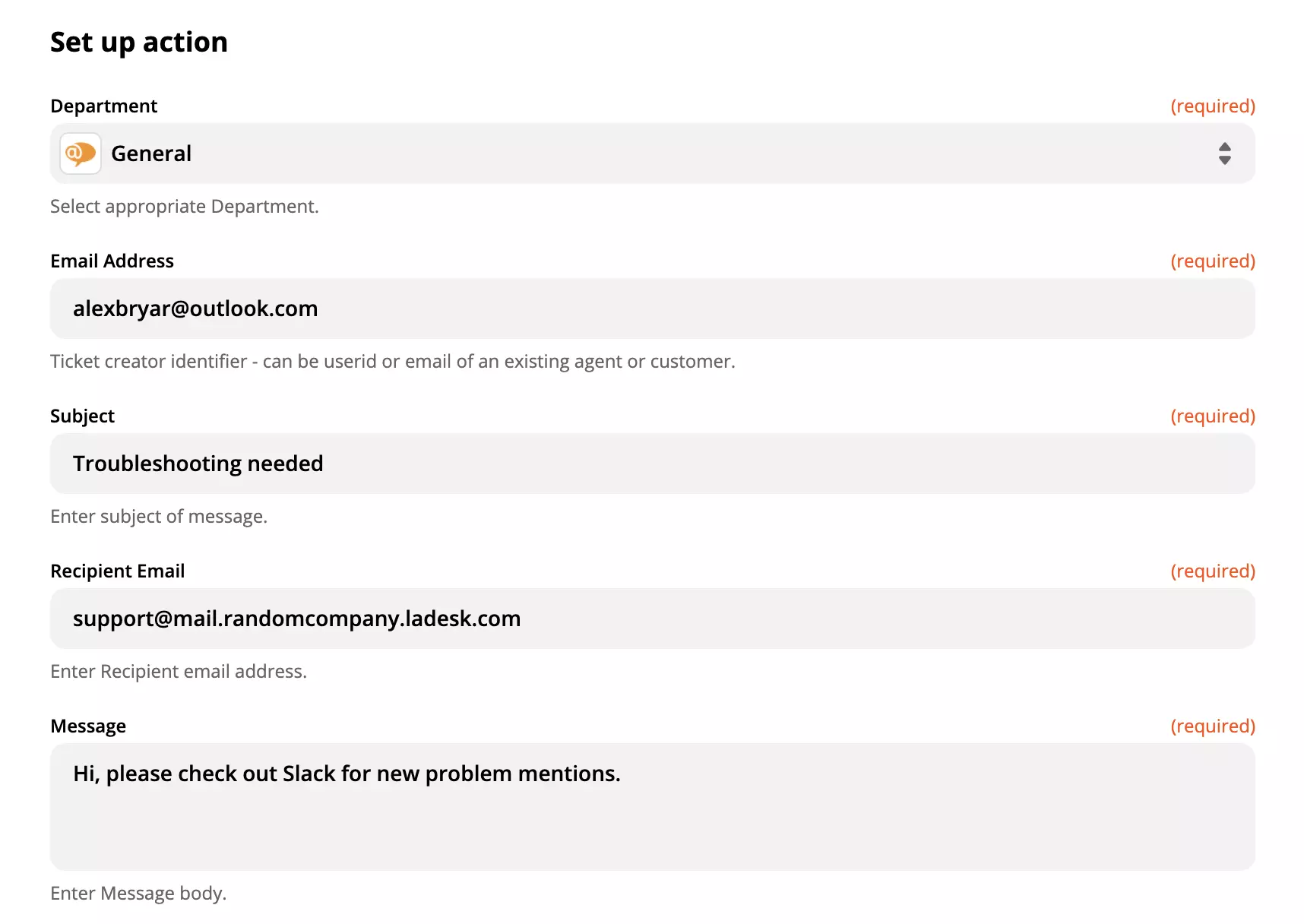Vyplněná konfigurace akce LiveAgent