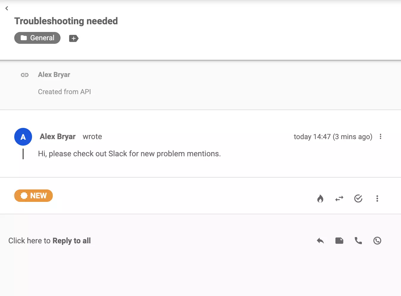 Ticket zaslaný do LiveAgentu po výskytu klíčového slova ve Slacku