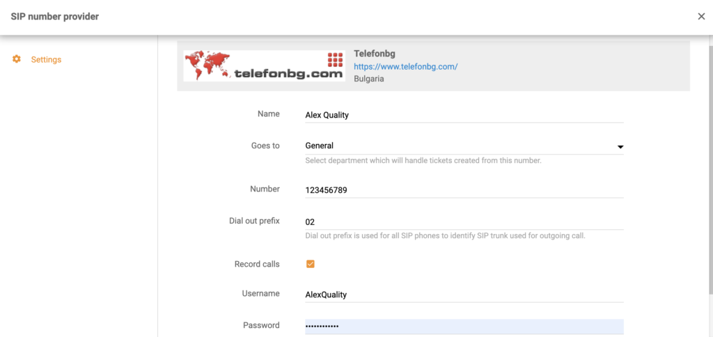Nastavení TelefonBG při přidávání nového čísla call centra v LiveAgentu