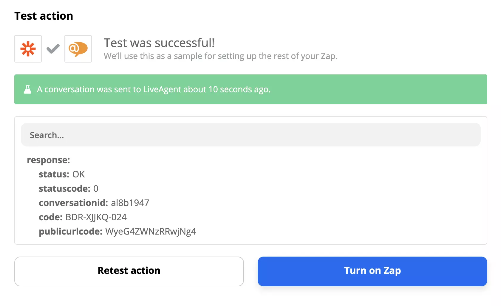 Successful test of a LiveAgent and Trello Zapier integration