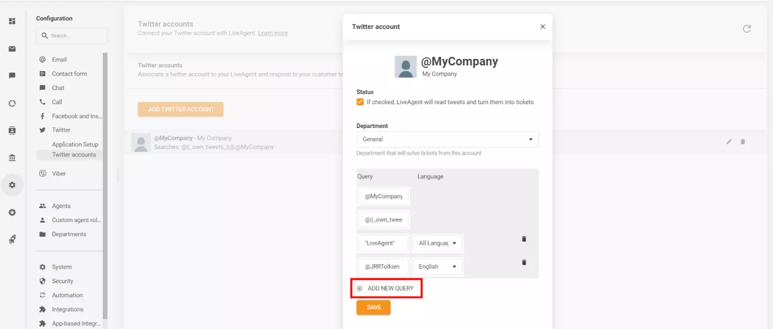 Image shows how to define specific parameters and customize which tweets (posts) you want to turn into tickets