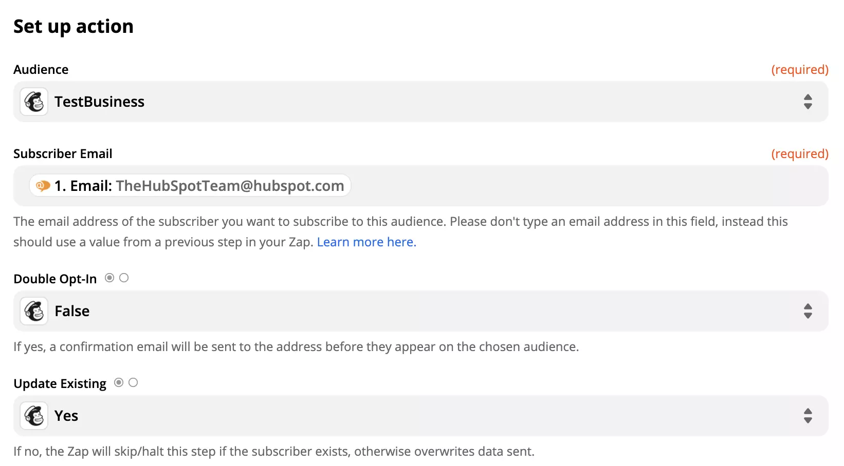 Nastavení akce Mailchimp