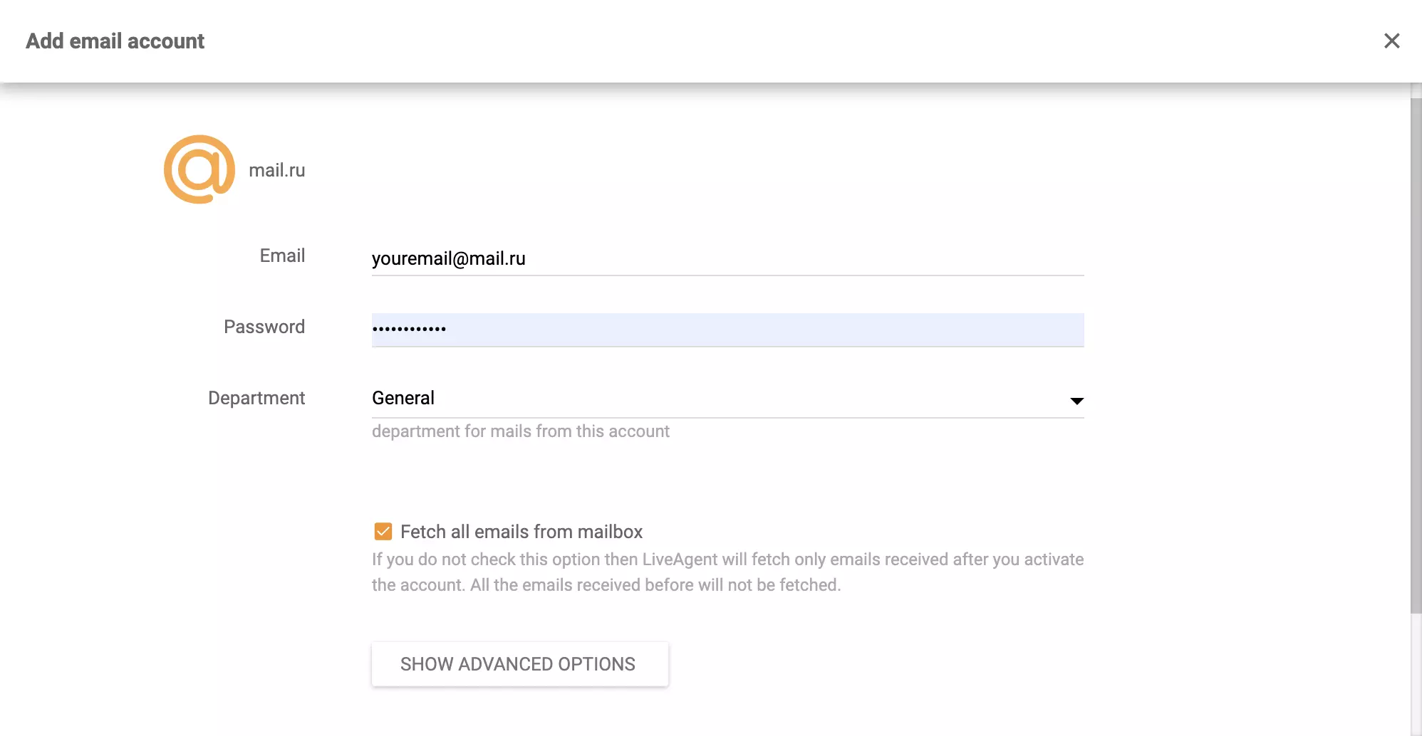 Konfigurace Mail.ru v LiveAgent