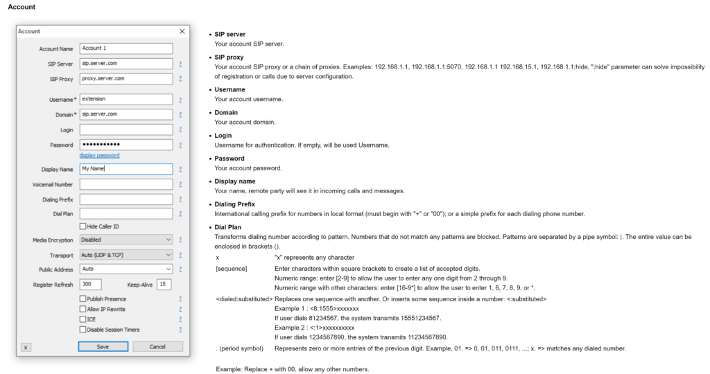 MicroSIP přidání nového účtu