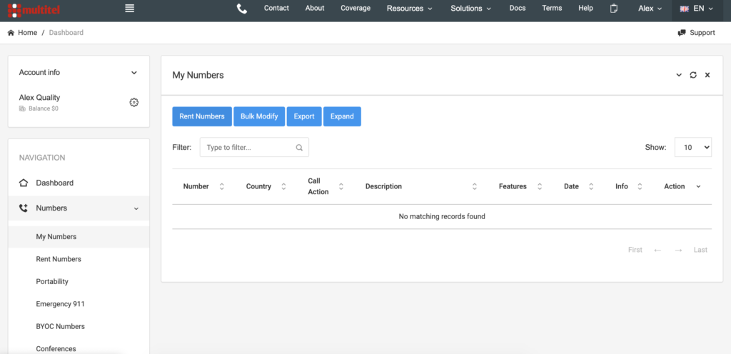 MultiTEL dashboard s možnostmi čísel