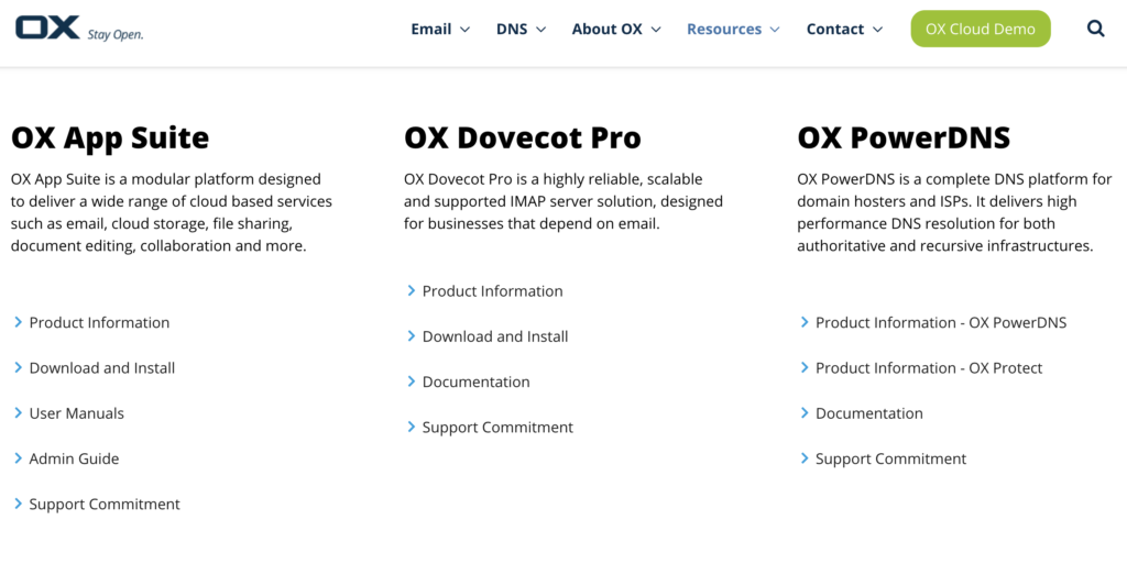 Webové stránky Open-Xchange s možnostmi stažení a průvodci