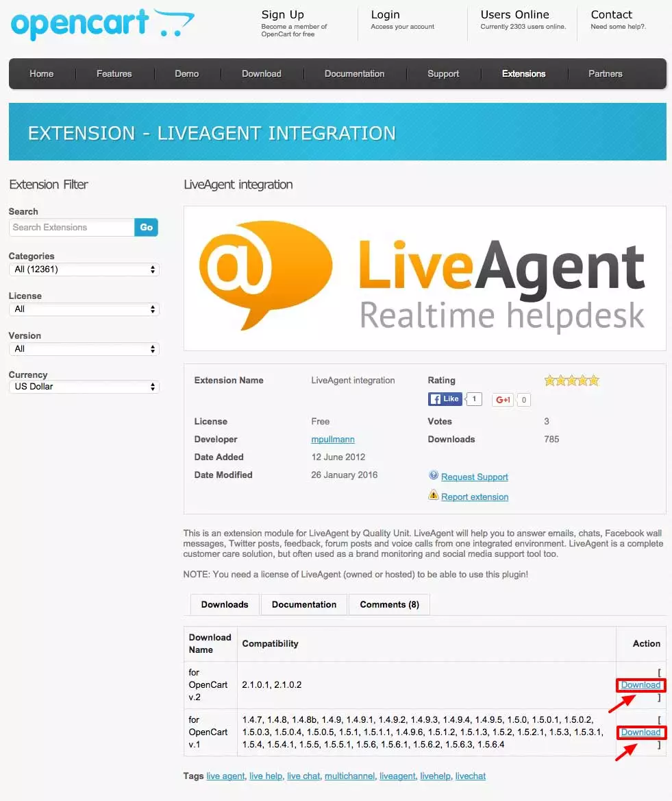 Integrace OpenCart LiveAgent - Stažení rozšíření