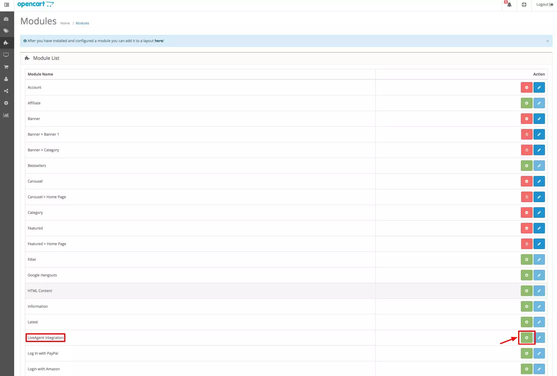 Integrace OpenCart LiveAgent - Sekce Moduly