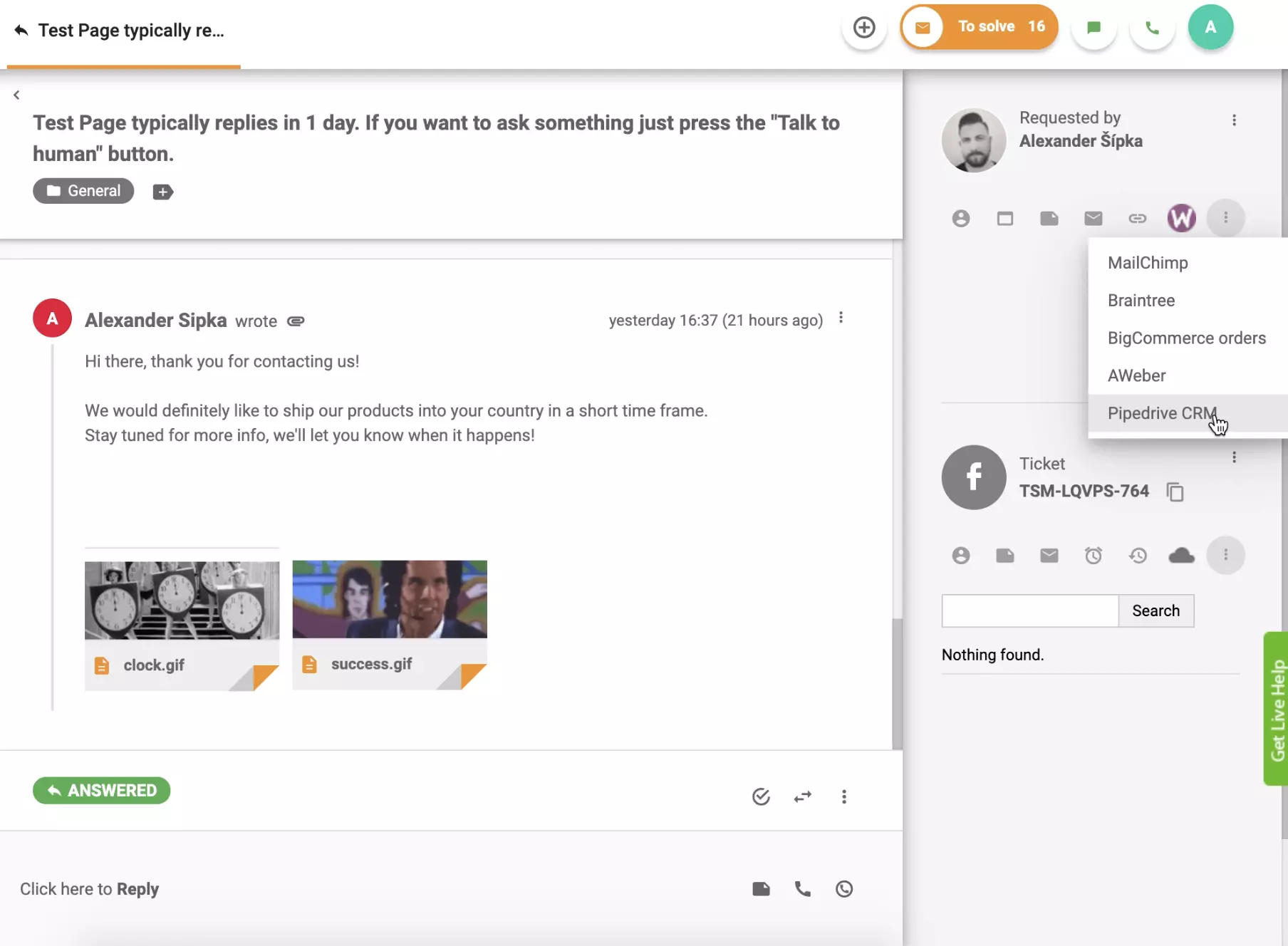 PipeDrive CRM je aktivní v zobrazení lístku LiveAgent