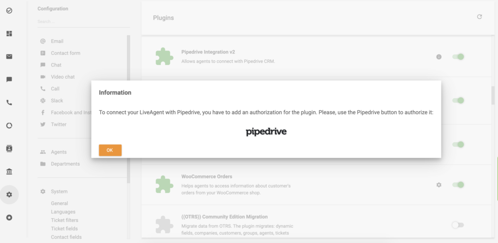 Klikněte na ikonu PipeDrive a pokračujte v integraci PipeDrive pro LiveAgent