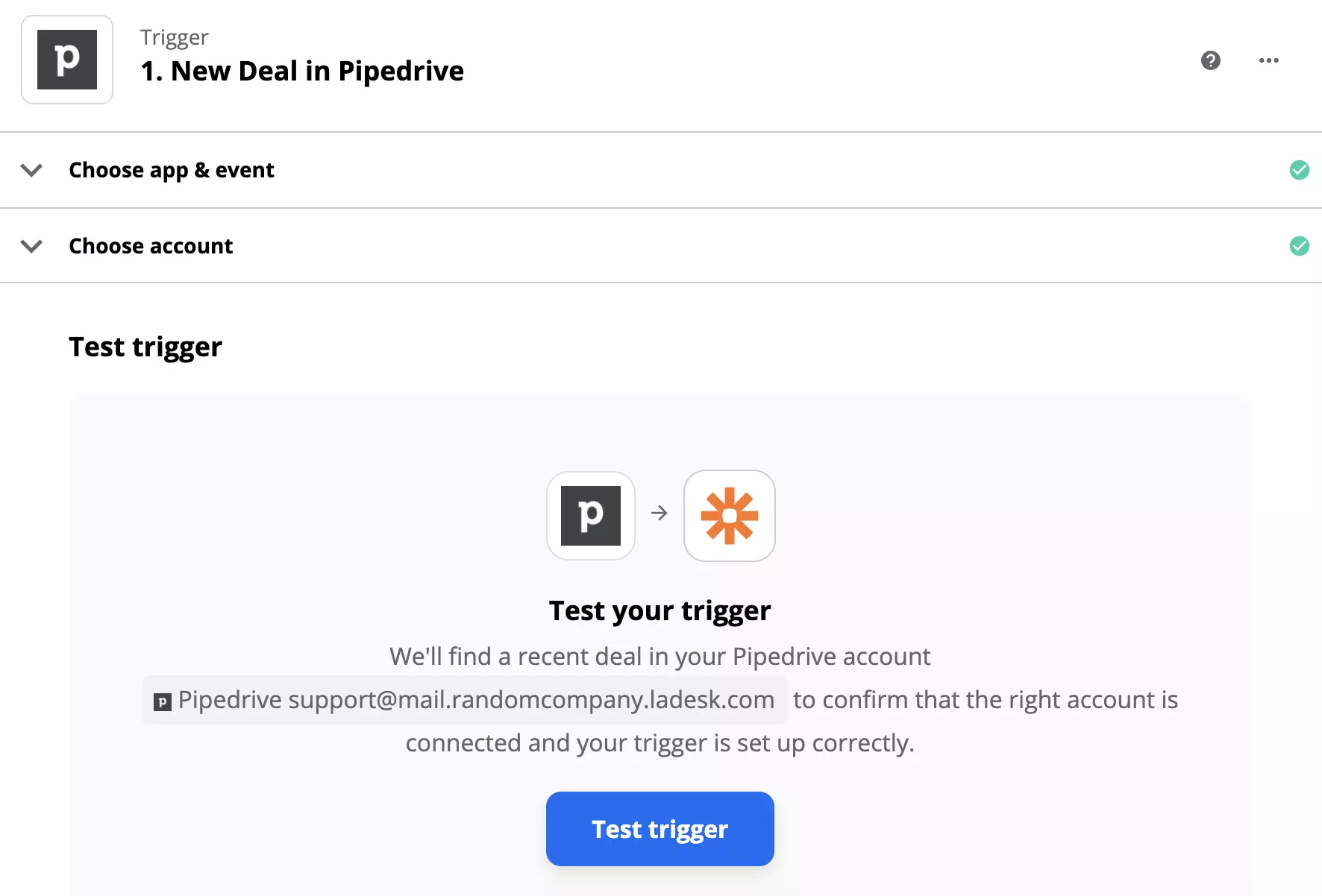 Test triggeru PipeDrive po nastavení triggeru na Zapier