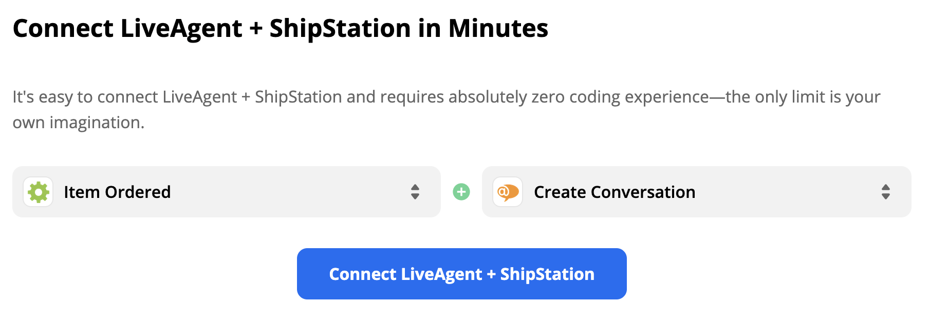Trigger ShipStation Item Ordered a akce LiveAgent Create Conversation v Zapier výběru integrace