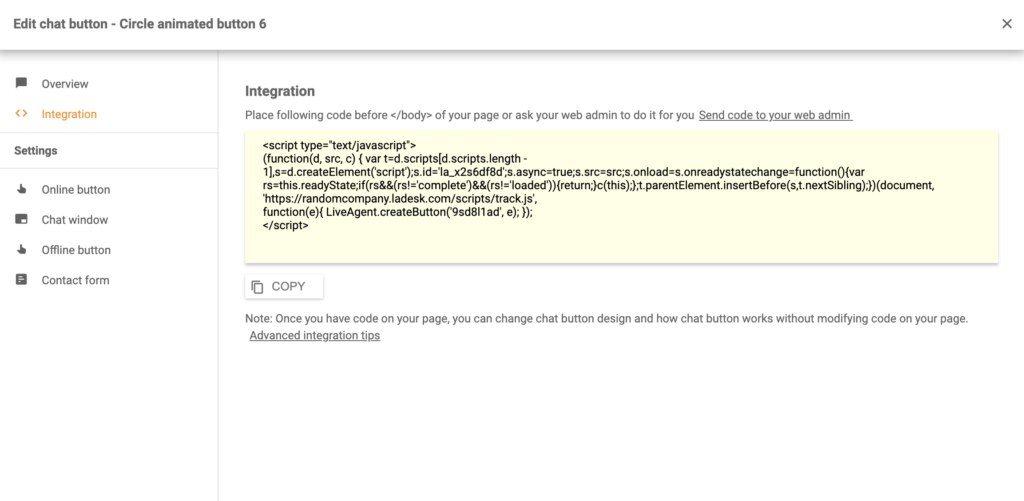 Kód integrace tlačítka chatu Silverstripe v LiveAgent