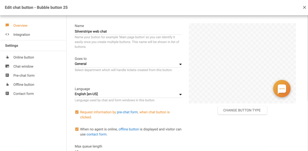 Konfigurace tlačítka chatu Silverstripe v LiveAgent
