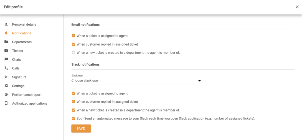 Možnosti Slack notifikací v sekci Upravit profil