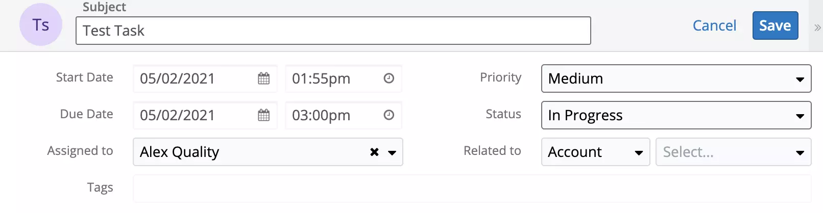 Nový úkol byl vytvořen v SugarCRM