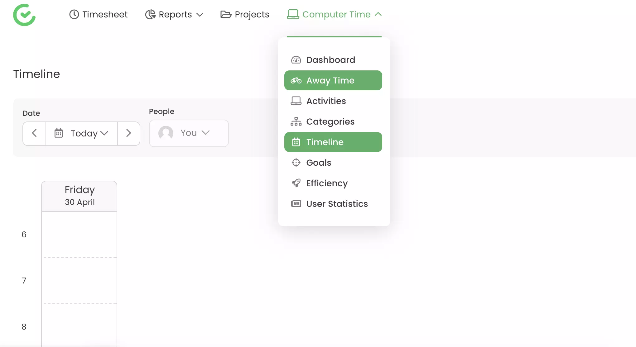Možnosti sledování, jako je čas mimo kancelář a časová osa viditelná v TimeCamp