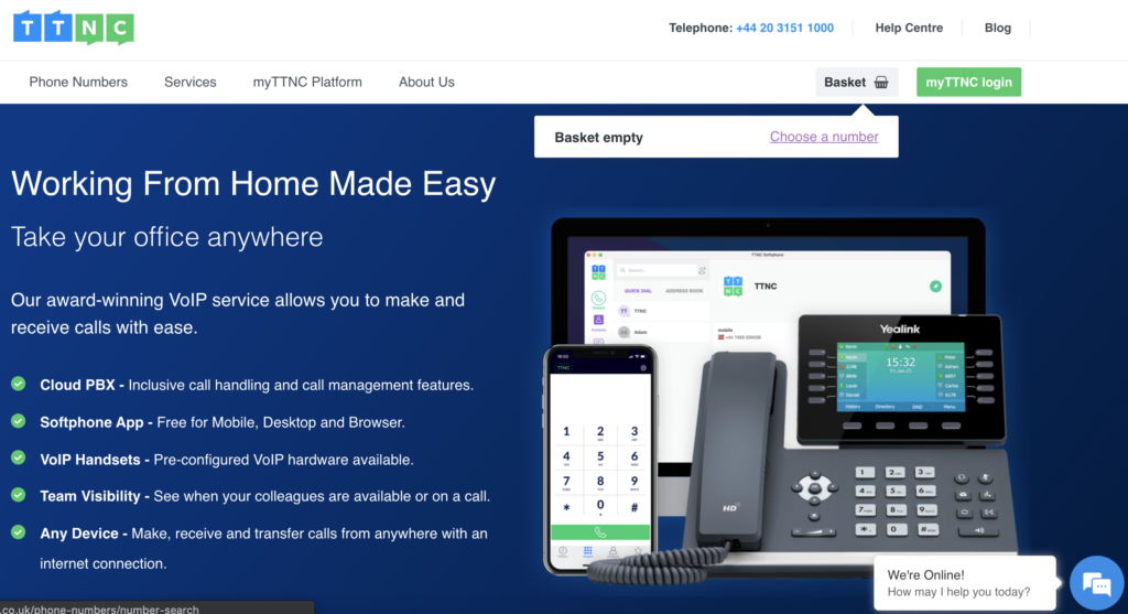 Webová stránka TTNC s možností košíku a výběru čísla v horní části
