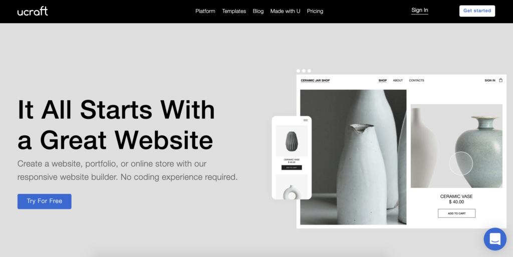 Ucraft homepage with Get Started button at the top right
