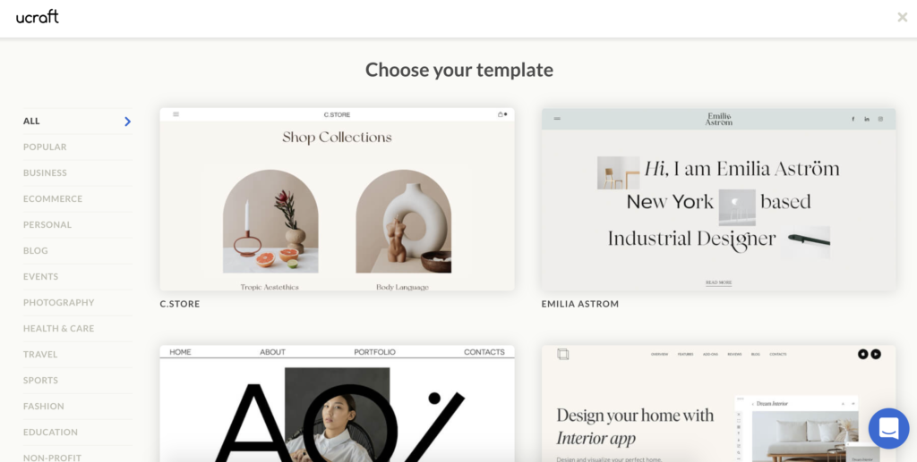Ucraft template selection screen with multiple template options