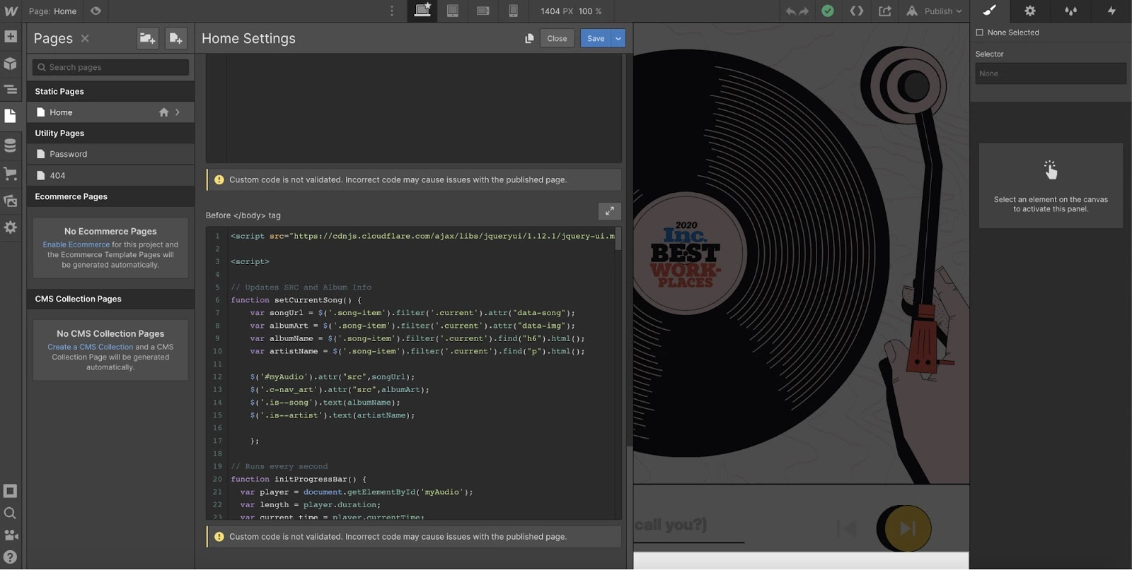 Možnost vlastního kódu Webflow v procesu integrace LiveAgent