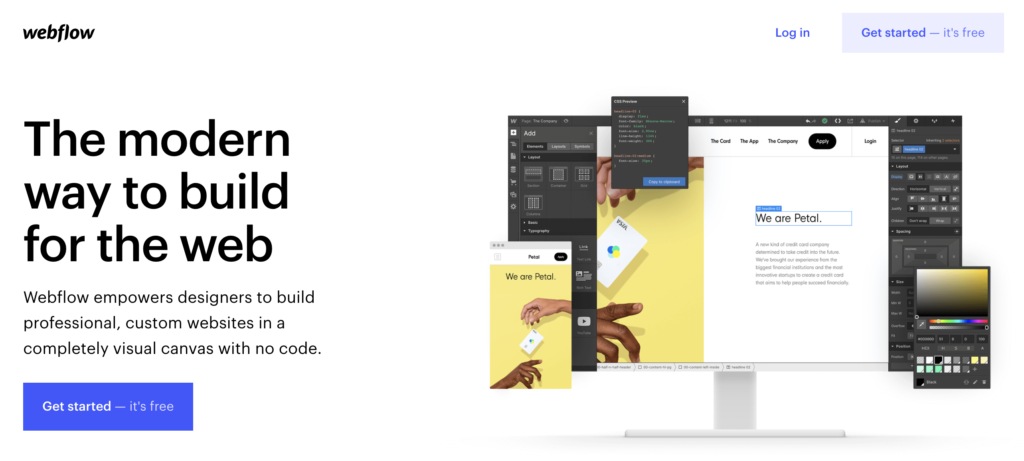 Domovská stránka Webflow s možností zkušební verze v pravém horním rohu