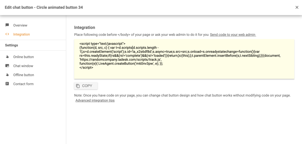Kód tlačítka chatu po úspěšné konfiguraci v LiveAgent