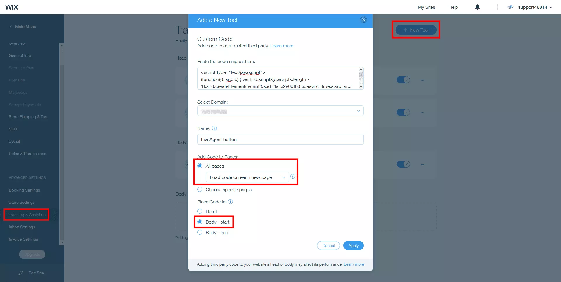 Umístěte kód LiveAgent live chatu do těla stránek Wix