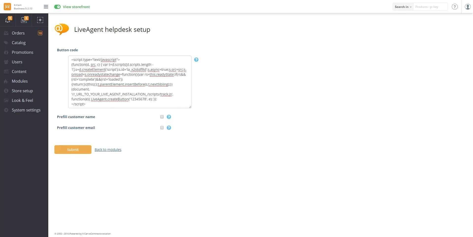 Konfigurace kódu integrace X-Cart LiveAgent