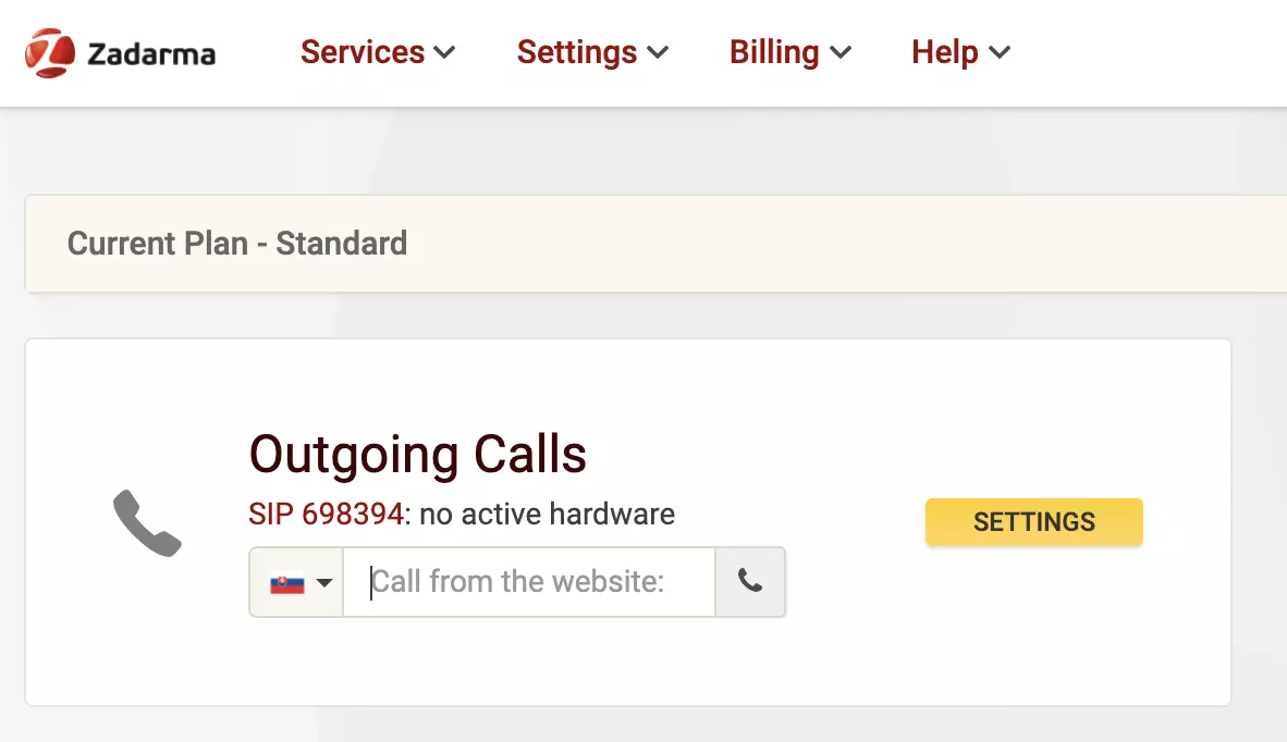Webová stránka poskytovatele VoIP Zadarma s možností volání