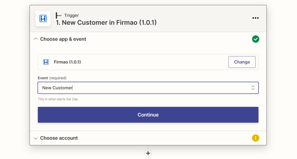 Výběr události Firmao během konfigurace integrace na Zapier