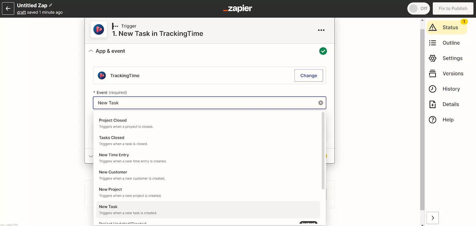 Zapier - nový úkol v TrackingTime