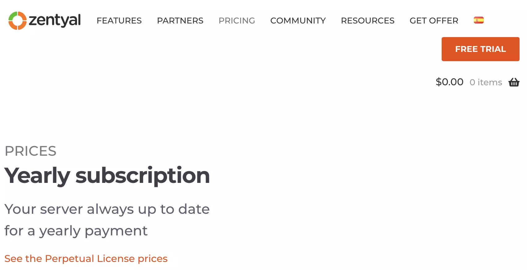 Sekce placených plánů Zentyalu na webu Zentyalu