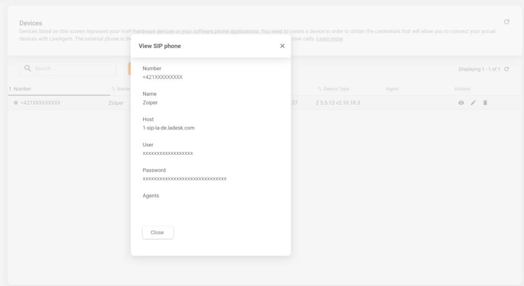 Obrázek ukazující, kde najít podrobnosti zařízení SIP v LiveAgent