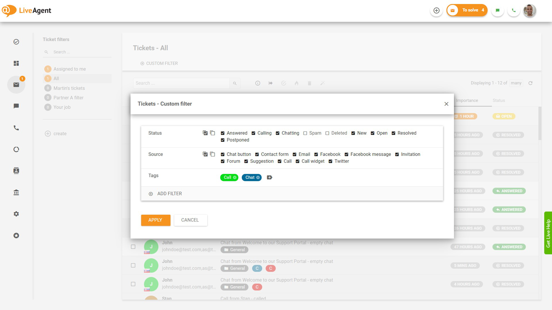 Funkce filtrování vstupenek podle značek v LiveAgent