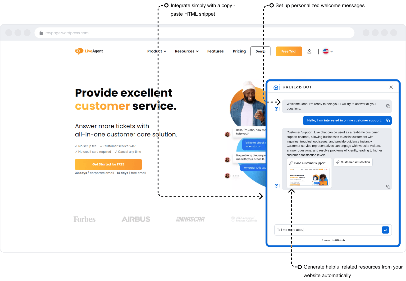 Mockup chatbota AI URLsLab