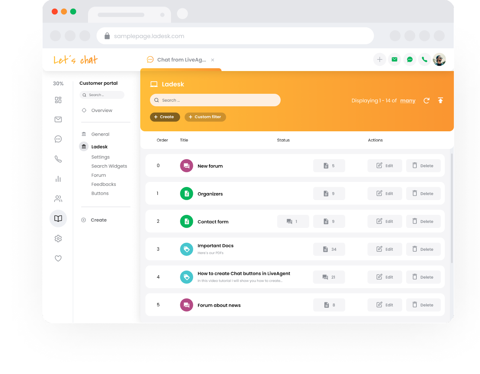 Portál podpory znalostní báze LiveAgent