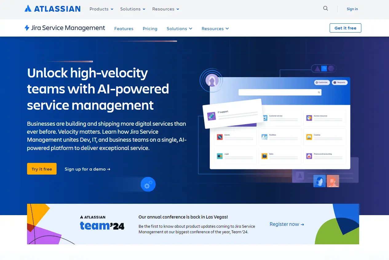 Domovská stránka Jira Service Management, alternativa Help Scout pro software pro správu helpdesku