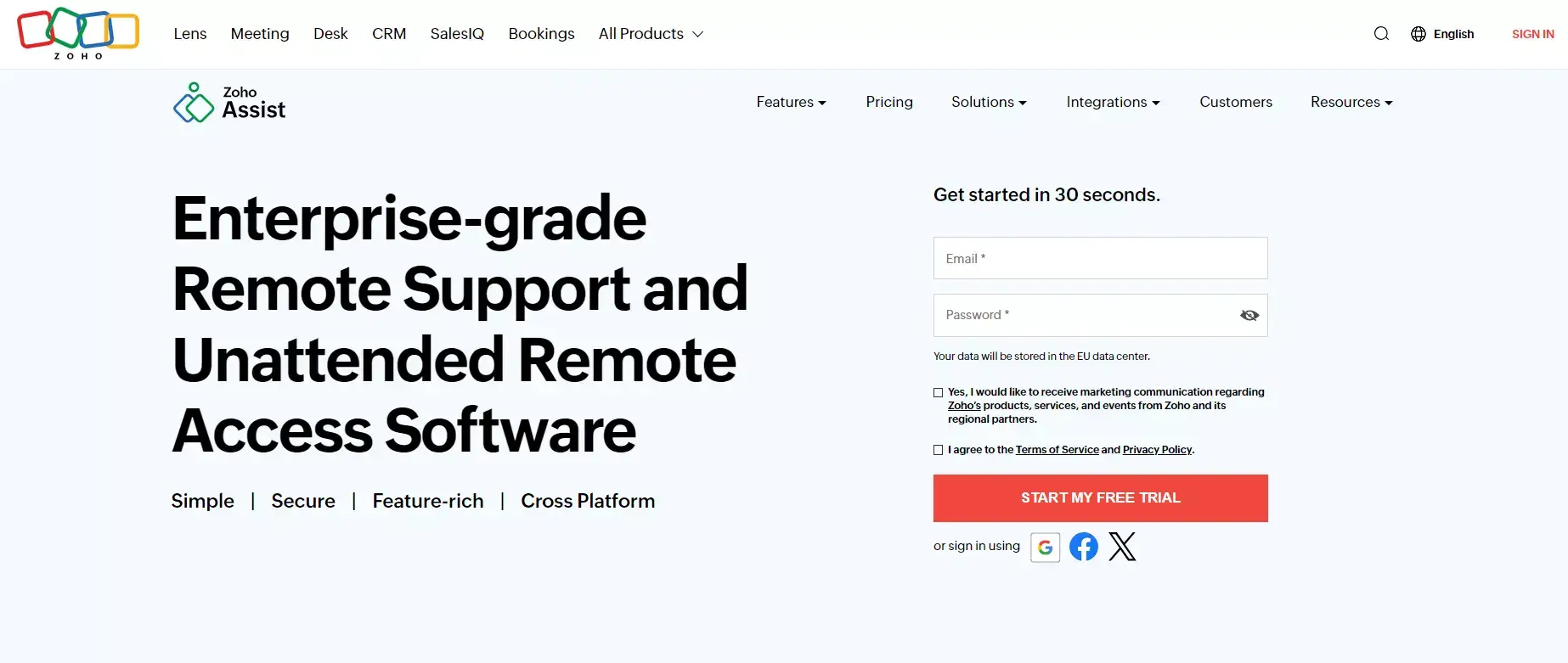 Domovská stránka Zoho Assist - robustní software pro vzdálenou pomoc helpdesku
