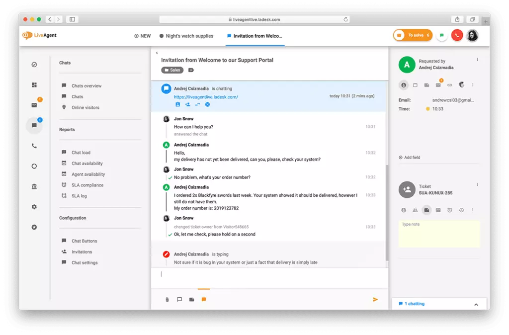 Přehled rozhraní live chatu v LiveAgent.