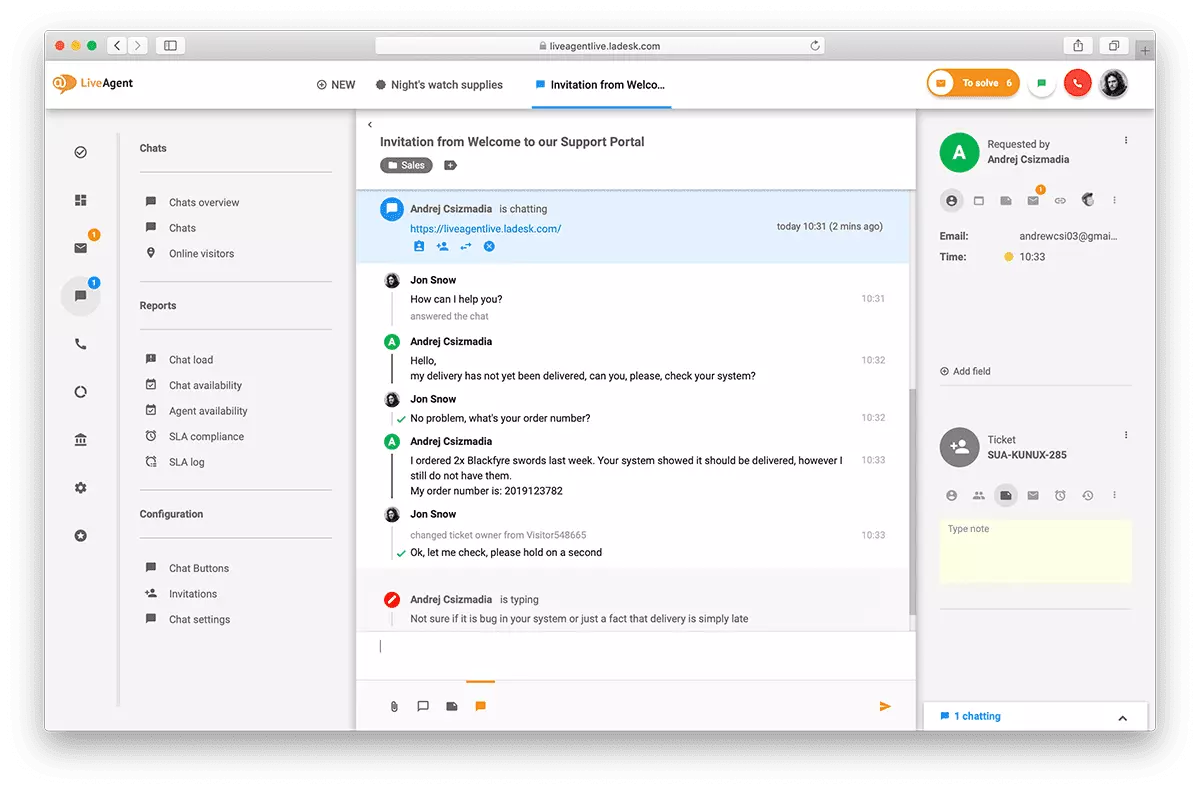 Přehled rozhraní živého chatu v LiveAgent.