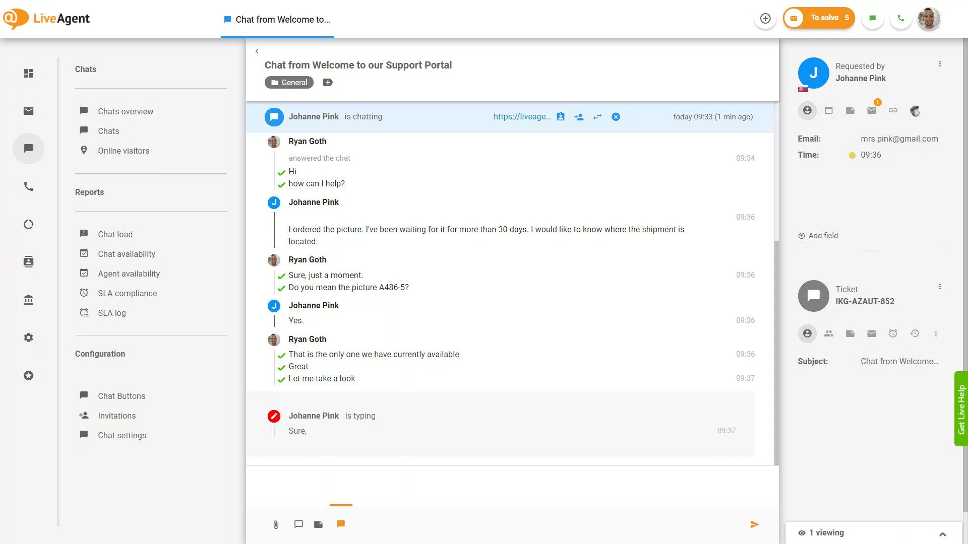 Probíhající chat s pohledem psaní v reálném čase
