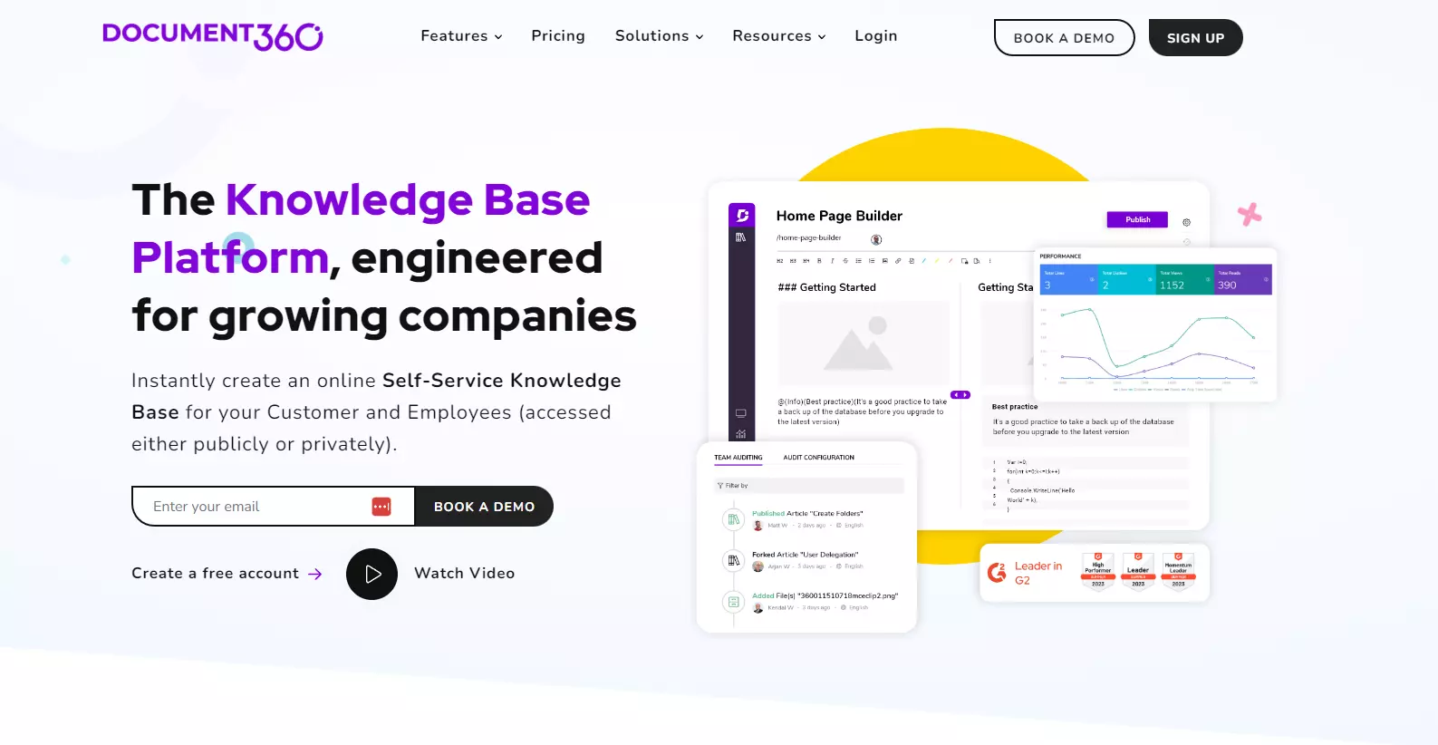 Snímek domovské stránky Document360 zaměřený na klíčové funkce